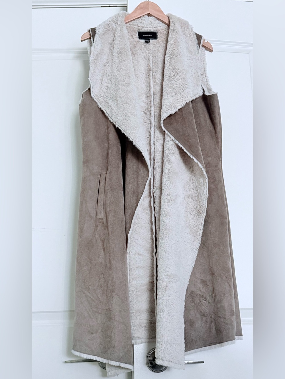 Soft Faux-Suede Long Vest - Taupe/Cream
